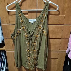 Idyllwind Olive Floral Embroidered Tank Top